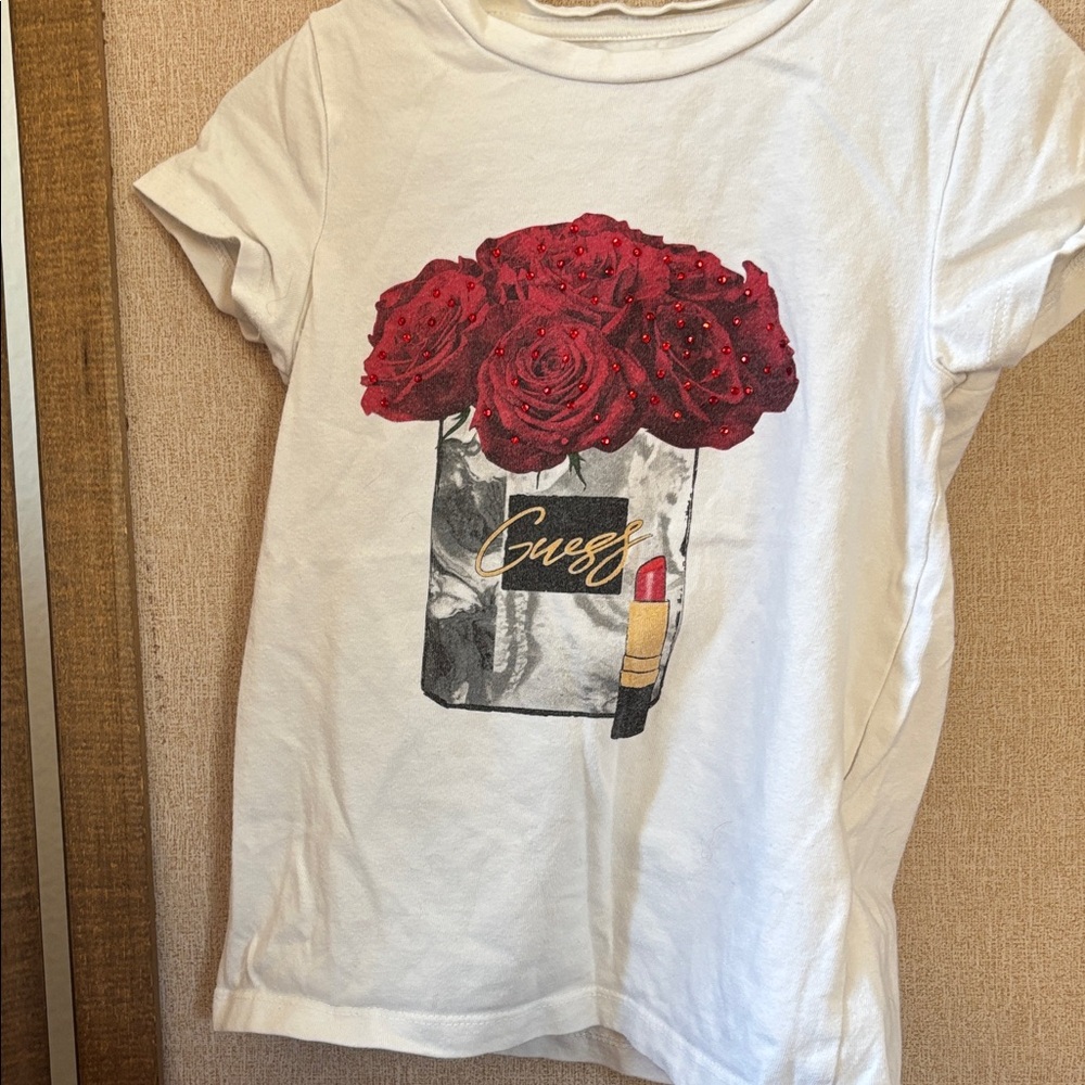 Children’s Guess White Tee with Embellished Red Rose Bouquet Design 4
